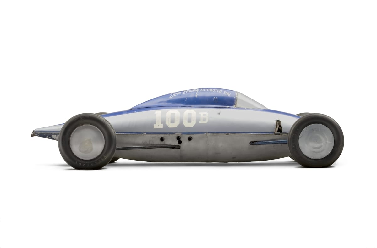1951 Beatty Belly Tank Lakester Land Speed Race Car Tear-shaped race car in two shades of blue