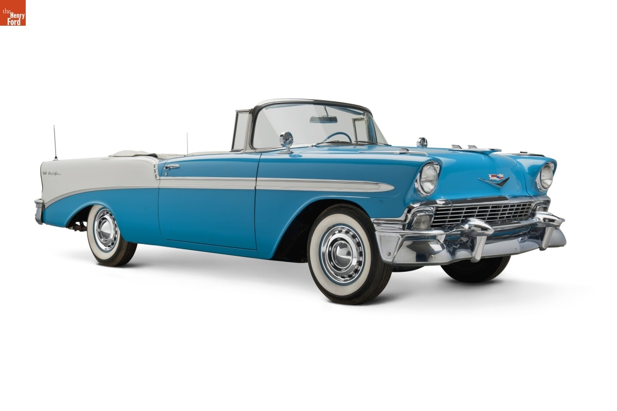 1956 Chevrolet Bel Air Convertible Long baby blue and white convertible car with whitewall tires