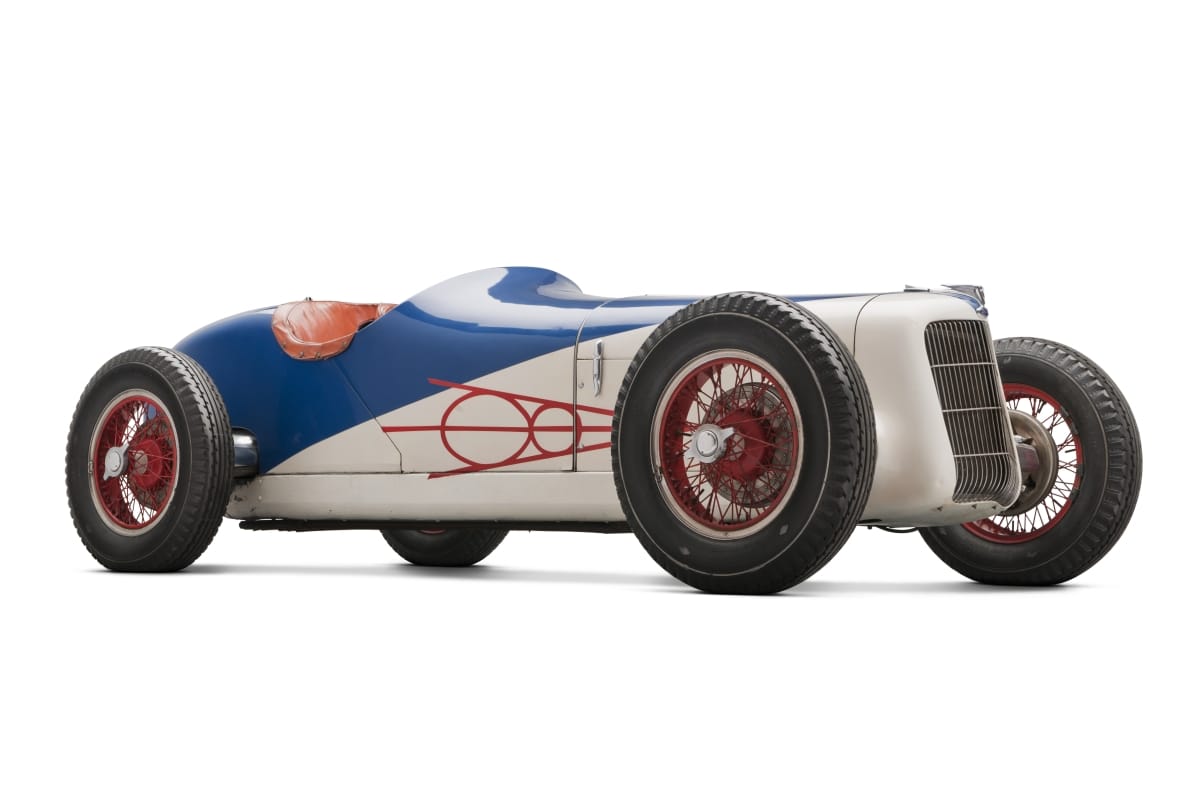 1935 Miller-Ford Race Car Narrow, blue and white, open cockpit race car