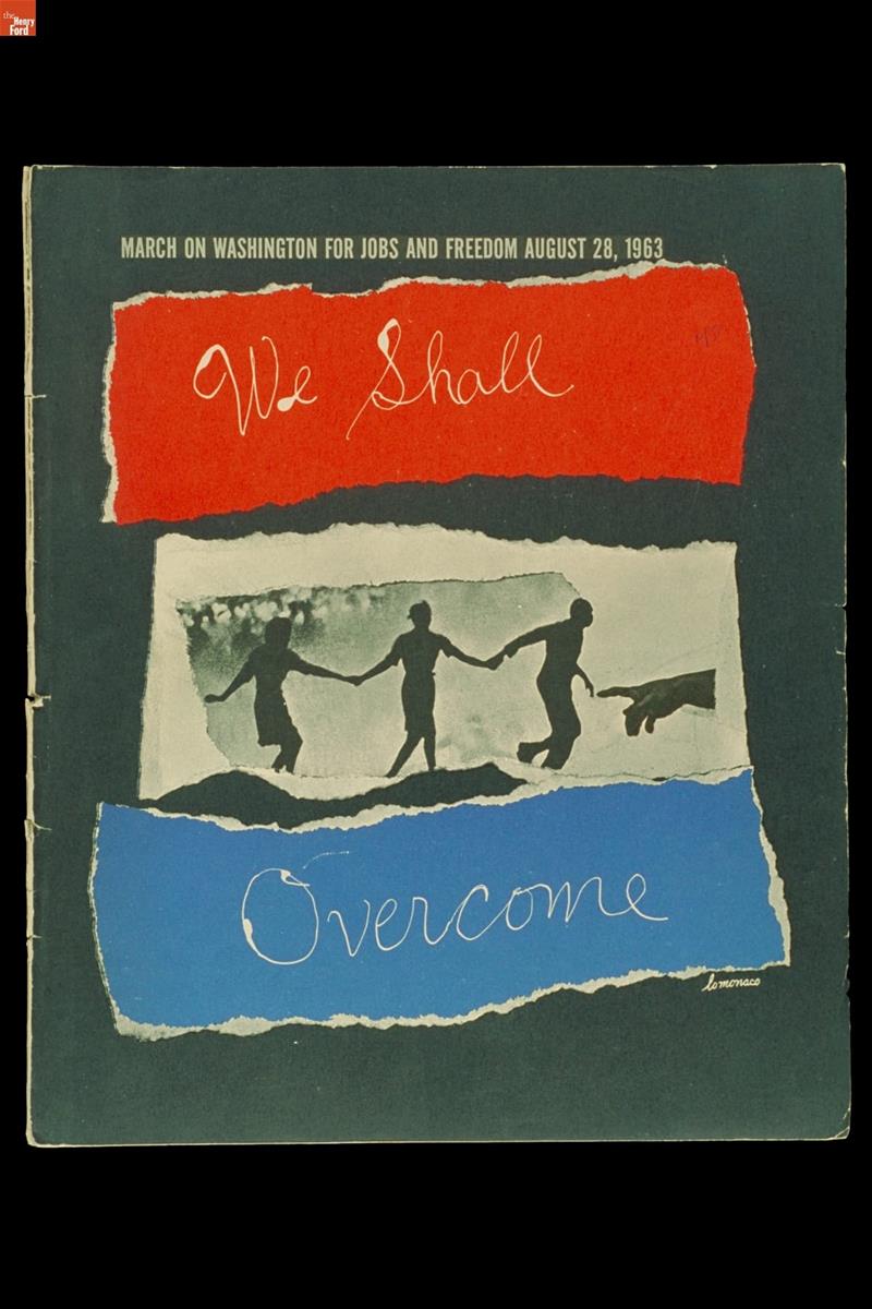 Print Portfolio, "We Shall Overcome," 1963 Print with red, white, and blue graphic bars with text and images inside them