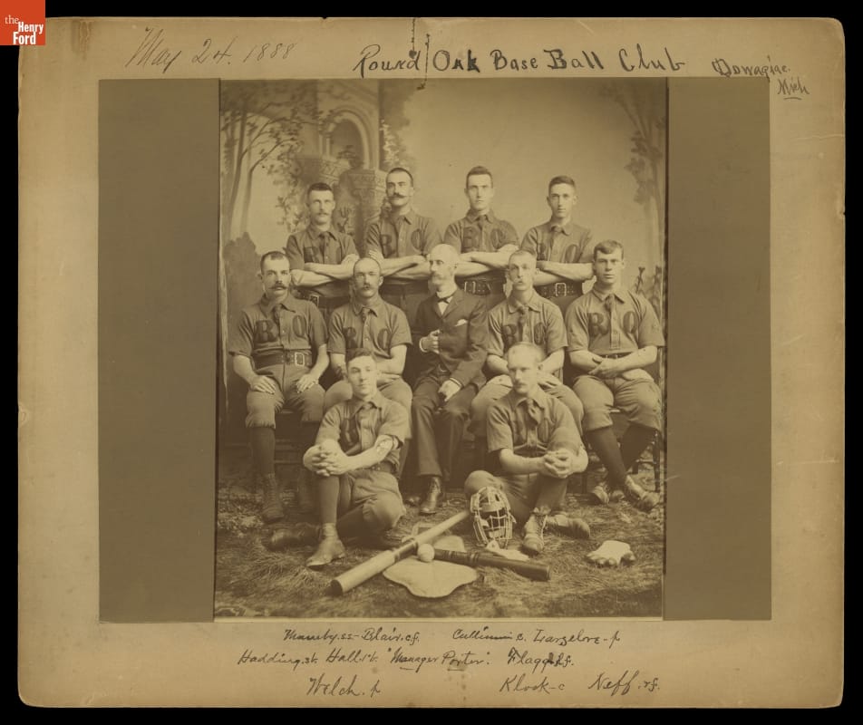 Round Oak Baseball Club, Dowagiac, Michigan, 1888 Posed photo of group of men wearing early baseball uniforms; also contains handwritten text