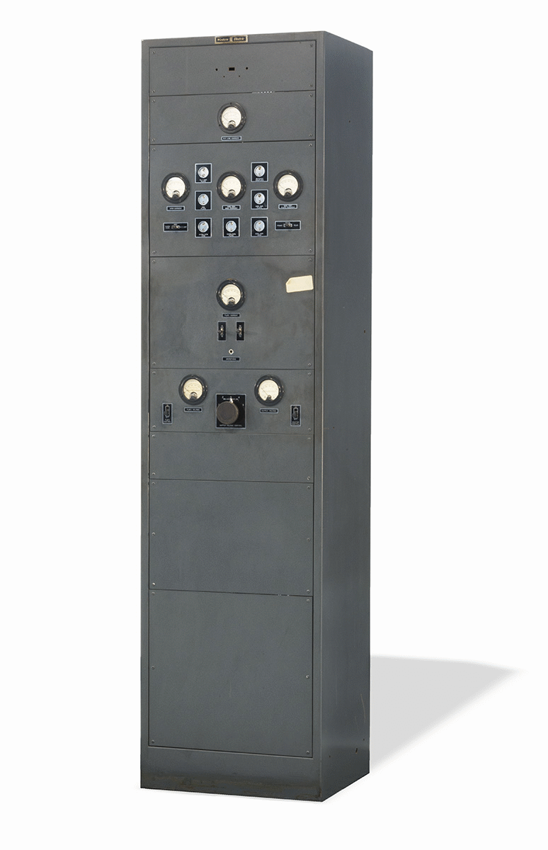 Western Electric Type 88A Amplifier and Model 16B Transmitter Used by Detroit News Station W8XWJ, circa 1935-1936 GIF showing two metal cabinets with dials, one open to show mechanism inside